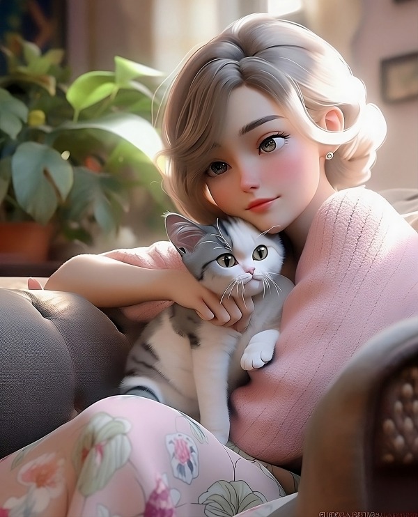 Girl With Cat Mobile Phone Wallpaper Image 1